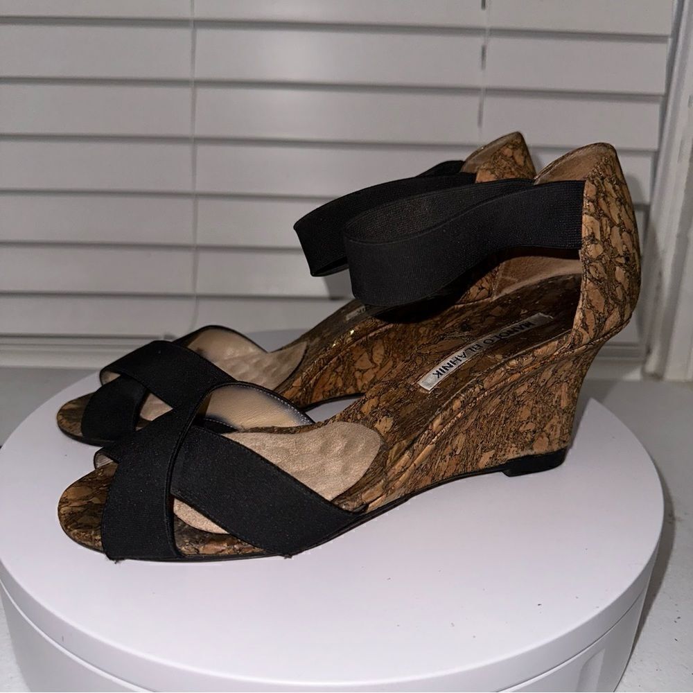 Manolo Blahnik wedges Black & Cork Ankle Wrap Wedge Sandals Size 7.5 (37.5)